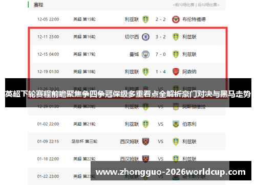 英超下轮赛程前瞻聚焦争四争冠保级多重看点全解析豪门对决与黑马走势