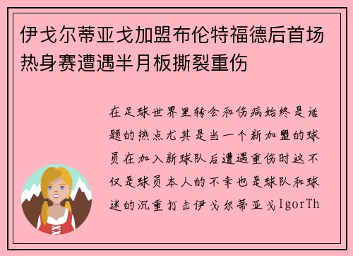 伊戈尔蒂亚戈加盟布伦特福德后首场热身赛遭遇半月板撕裂重伤